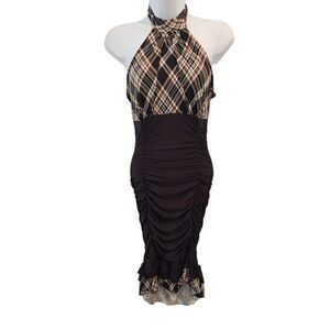 Vintage Y2K Misope Black Brown Plaid Cinch Sleeveless Dress S Stretch Halter
